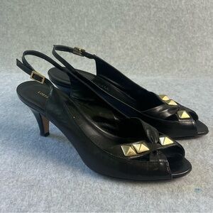 Loeffler Randall Black Leather Slingback Heels with Gold Pyramid Studs Sz 8